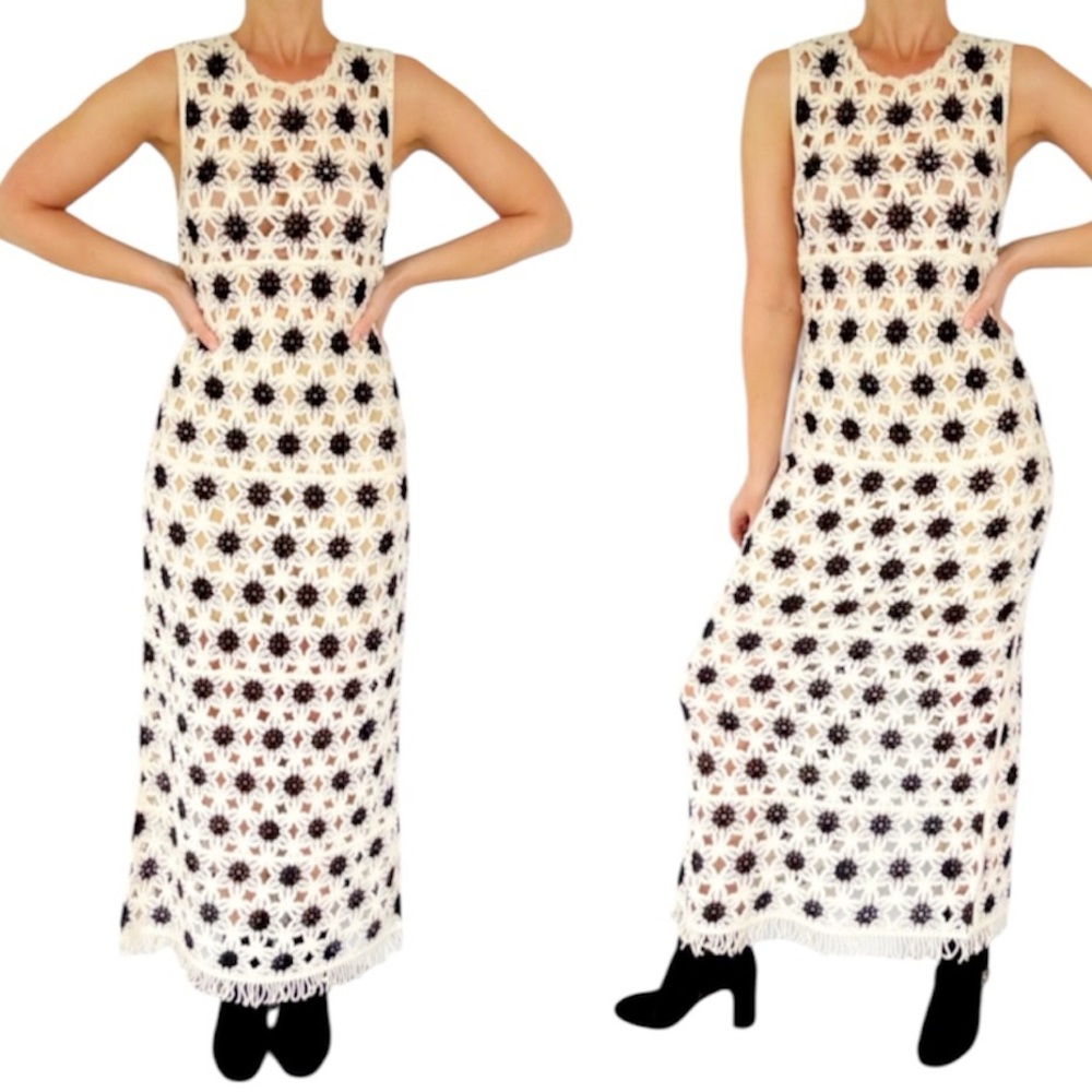 Walter Baker cream floral crochet knit sleeveless tassel trim maxi dress medium
